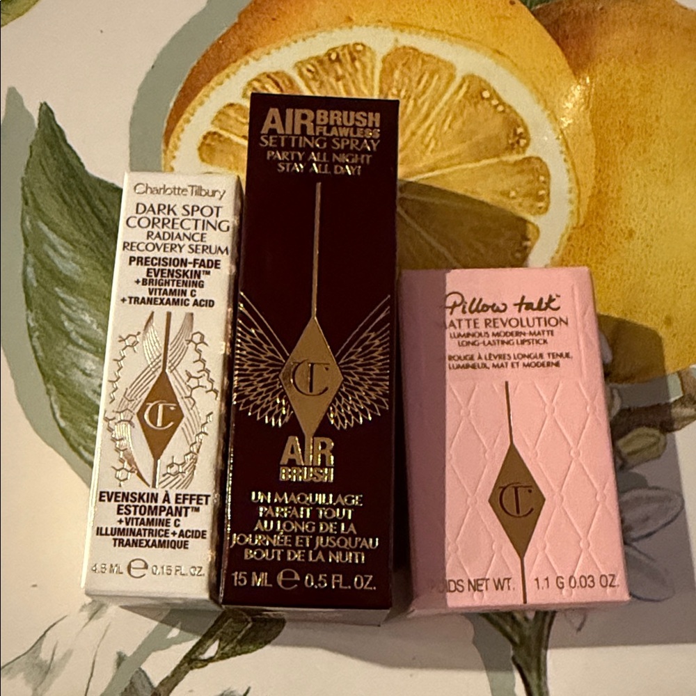 Charlotte Tilbury three samples Setting Spray Serum Pillow Talk lip